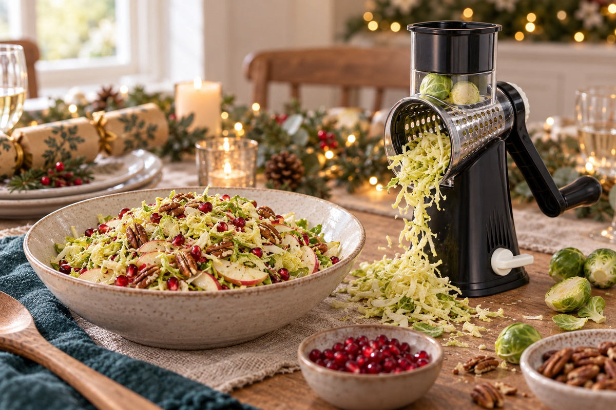 Brussels sprout, apple and pecan slaw on a Christmas table with the black Nestware rotary grater