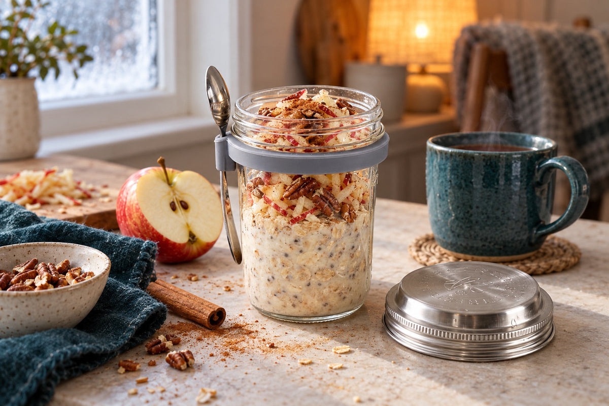 Cinnamon overnight oats with grated apple and pecans in a Nestware glass oats jar on a winter morning