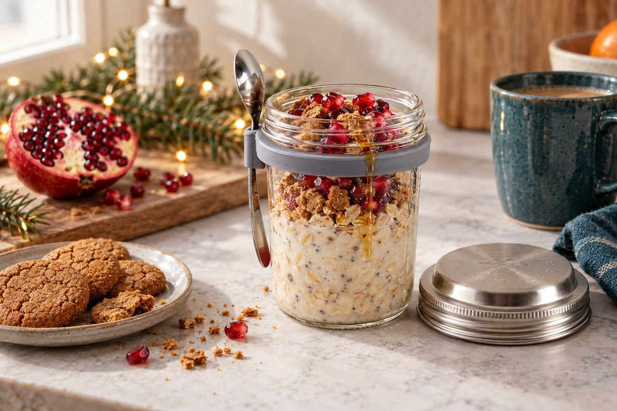 Gingerbread overnight oats with ginger nut crumble and pomegranate in a Nestware glass oats jar