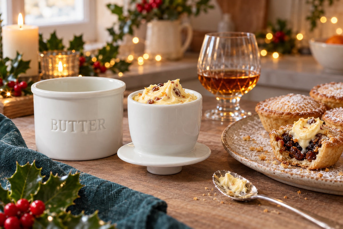 Brandy butter in the Nestware porcelain butter crock with warm mince pies