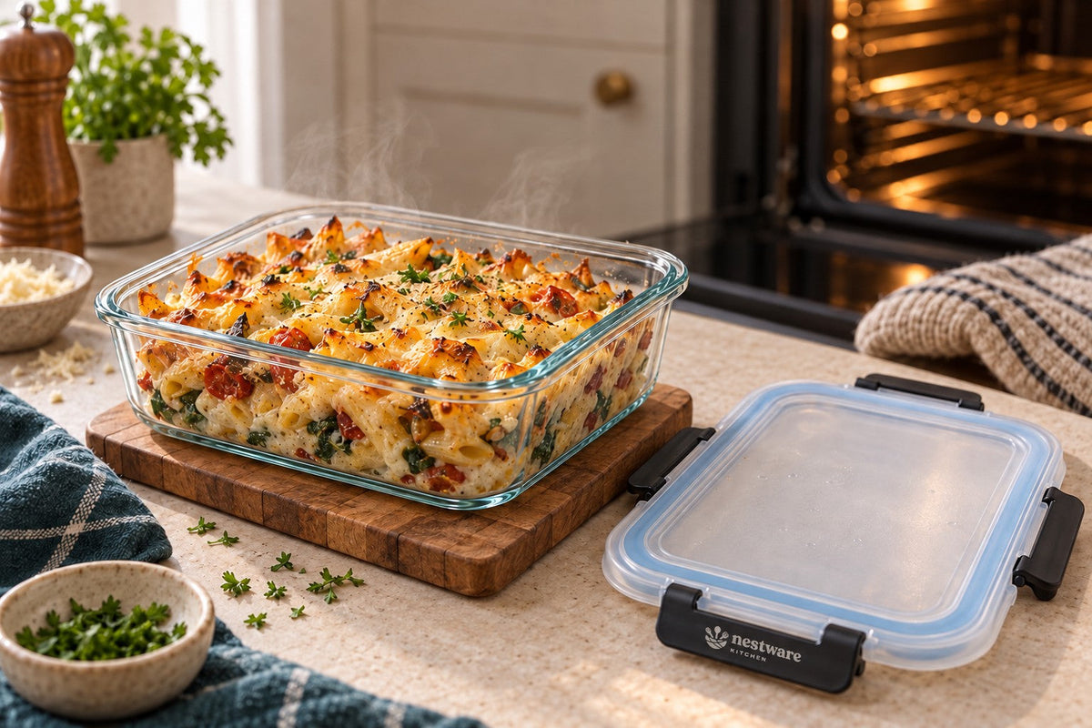 A bubbling pasta bake in a Nestware glass container fresh from the oven, with its clip lid beside it