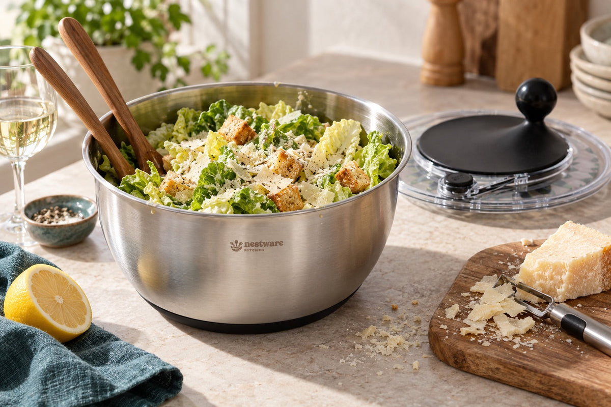 Caesar salad with croutons and Parmesan shavings served in the Nestware stainless steel salad spinner bowl