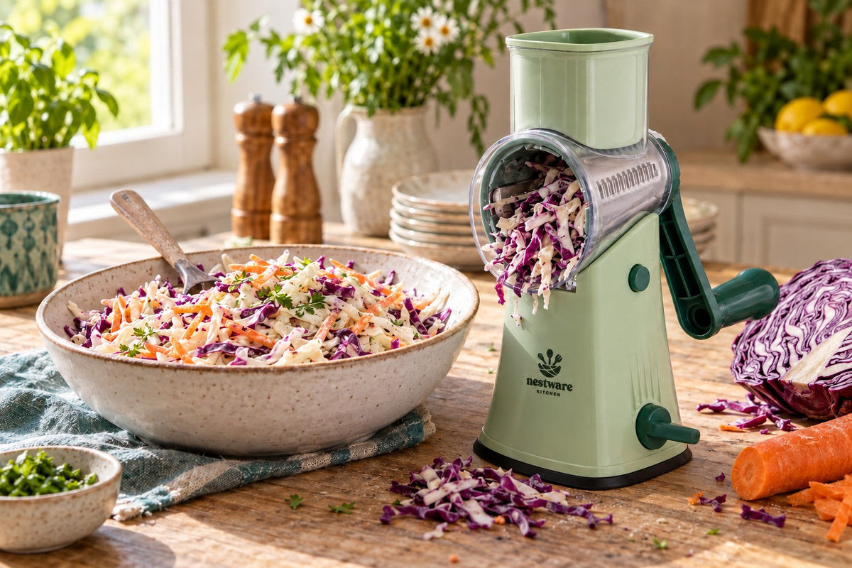 A bowl of homemade red and white coleslaw with the sage green Nestware rotary grater