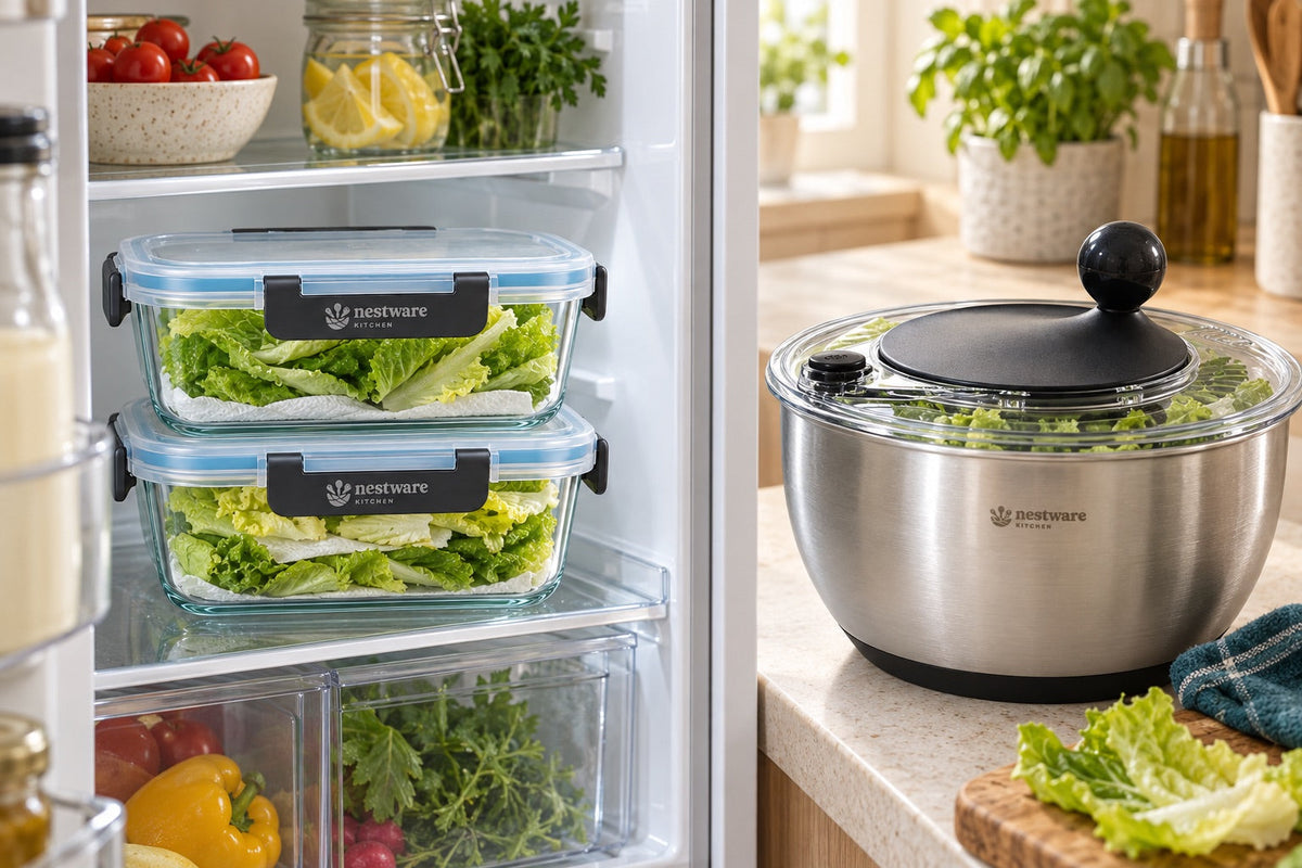 Crisp lettuce leaves stored in Nestware glass meal prep containers in the fridge, with the Nestware salad spinner
