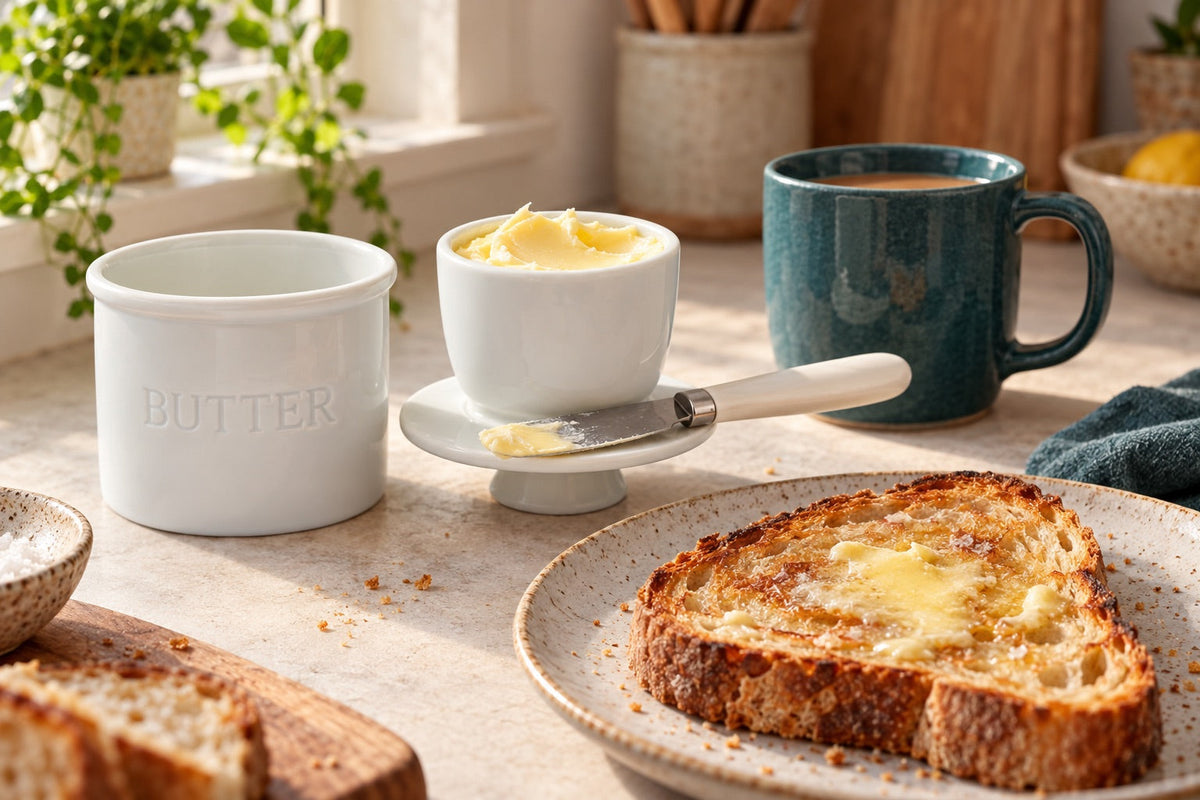 Nestware porcelain butter crock with soft butter in the upturned lid, beside buttered sourdough toast