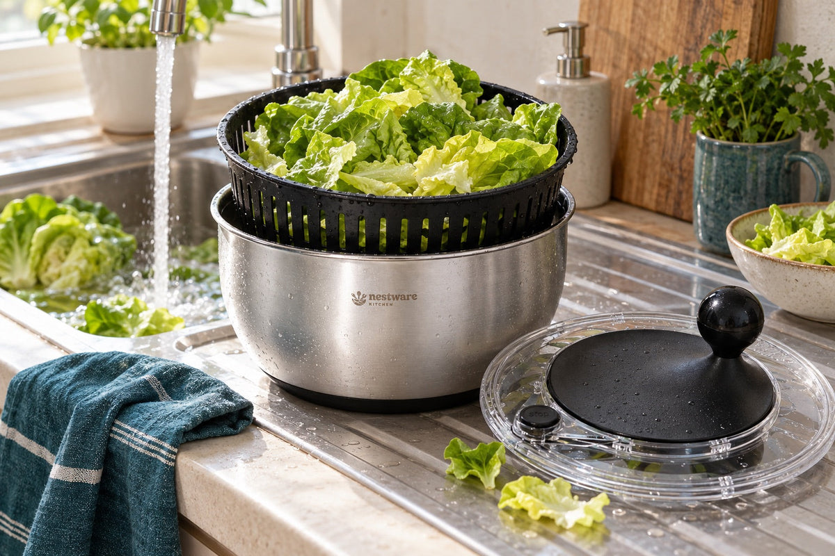 Freshly washed lettuce in the Nestware stainless steel salad spinner by the kitchen sink