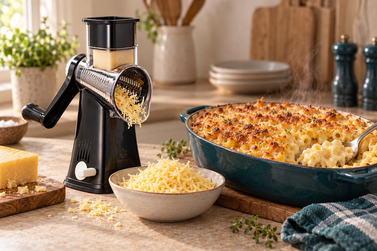 Baked macaroni cheese beside the black Nestware rotary grater and a bowl of grated cheddar