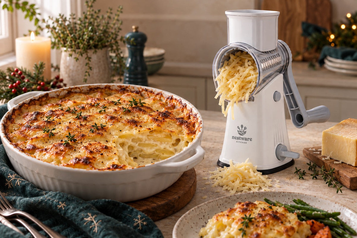 Golden dauphinoise potatoes in a baking dish beside the white Nestware rotary grater