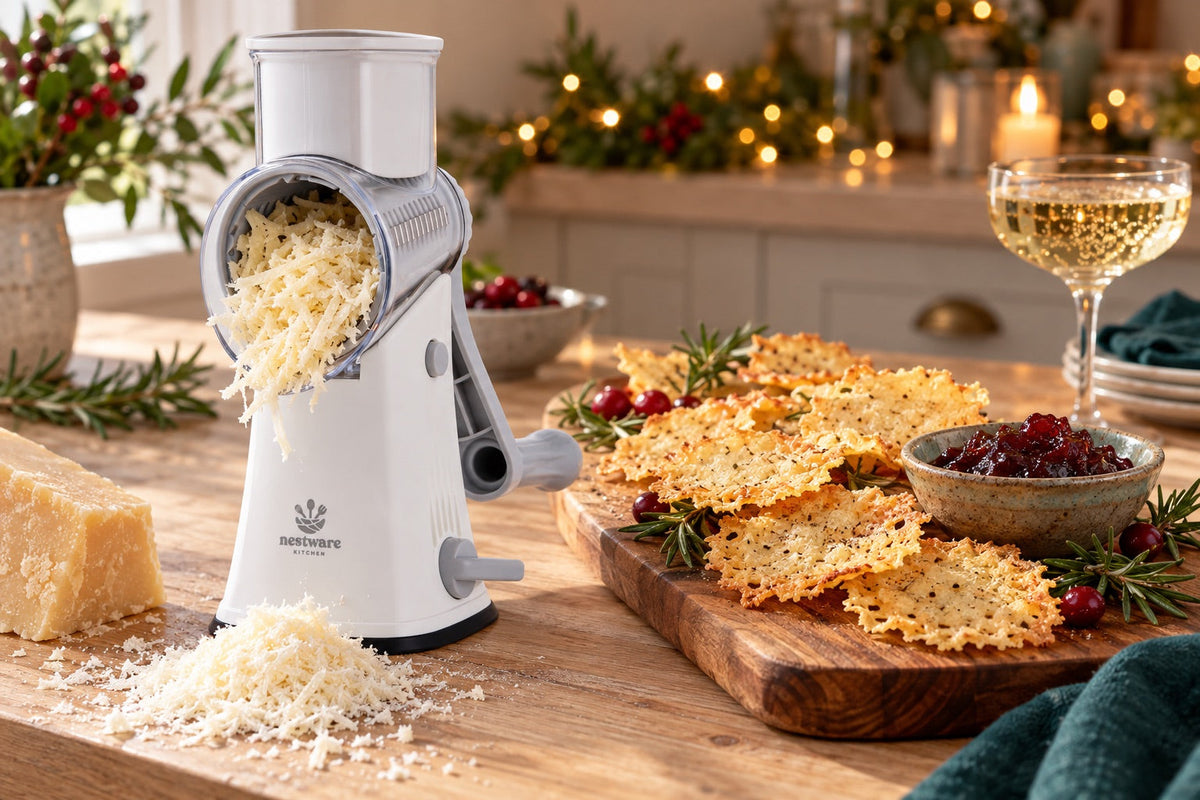 Lacy Parmesan crisps on a festive board with the white Nestware rotary grater