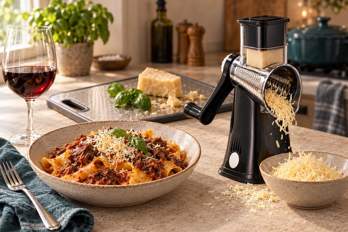 Pappardelle with slow-cooked beef ragù, the black Nestware rotary grater and the Nestware steel chopping board