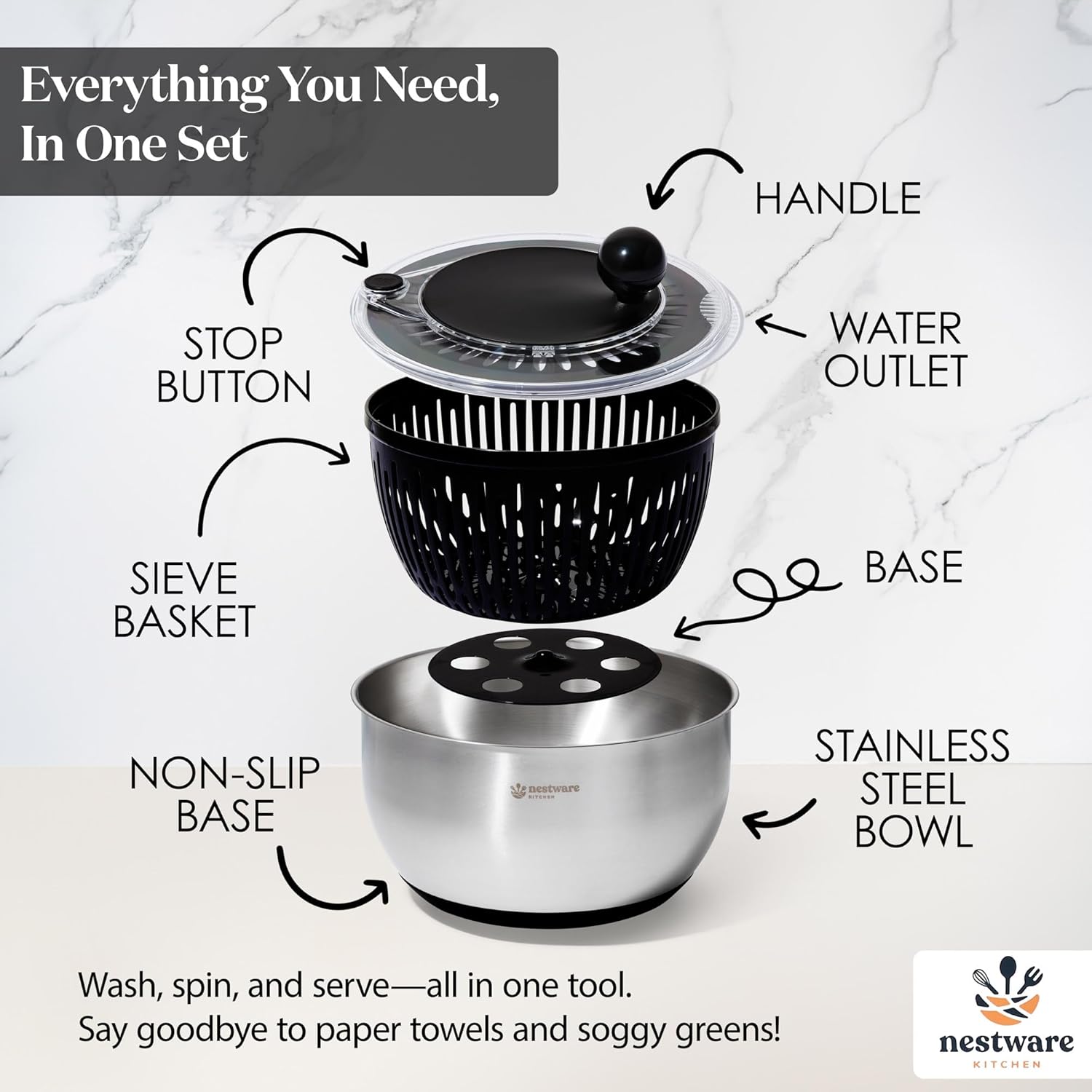 Nestware Kitchen Stainless Steel Salad Spinner - 5L 3