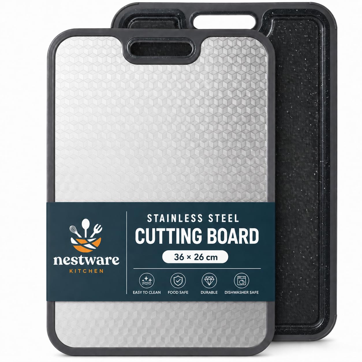 Nestware Kitchen stainless steel cutting board 36 x 26 cm, both sides shown