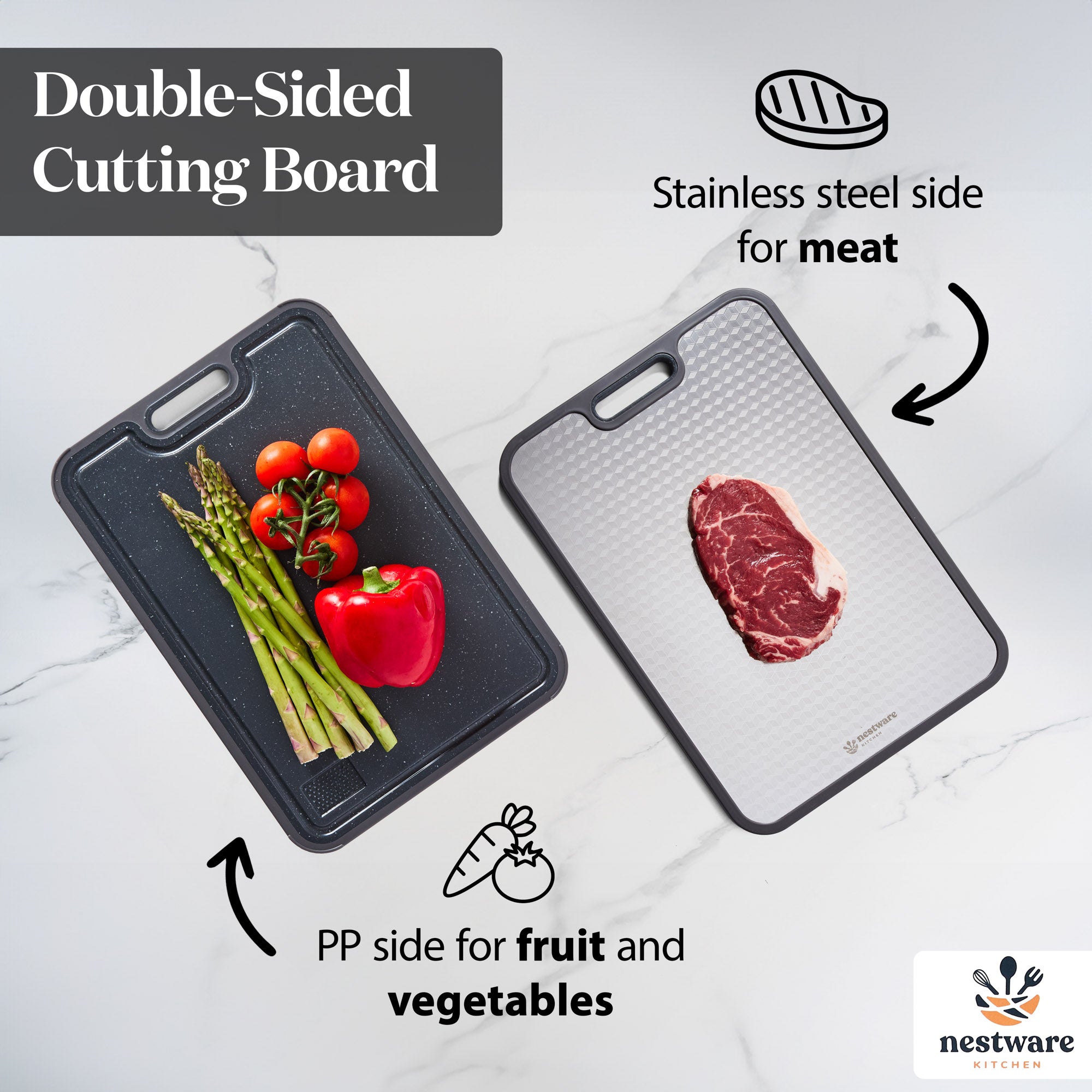 Double-sided cutting board: stainless steel for meat, PP side for fruit and vegetables