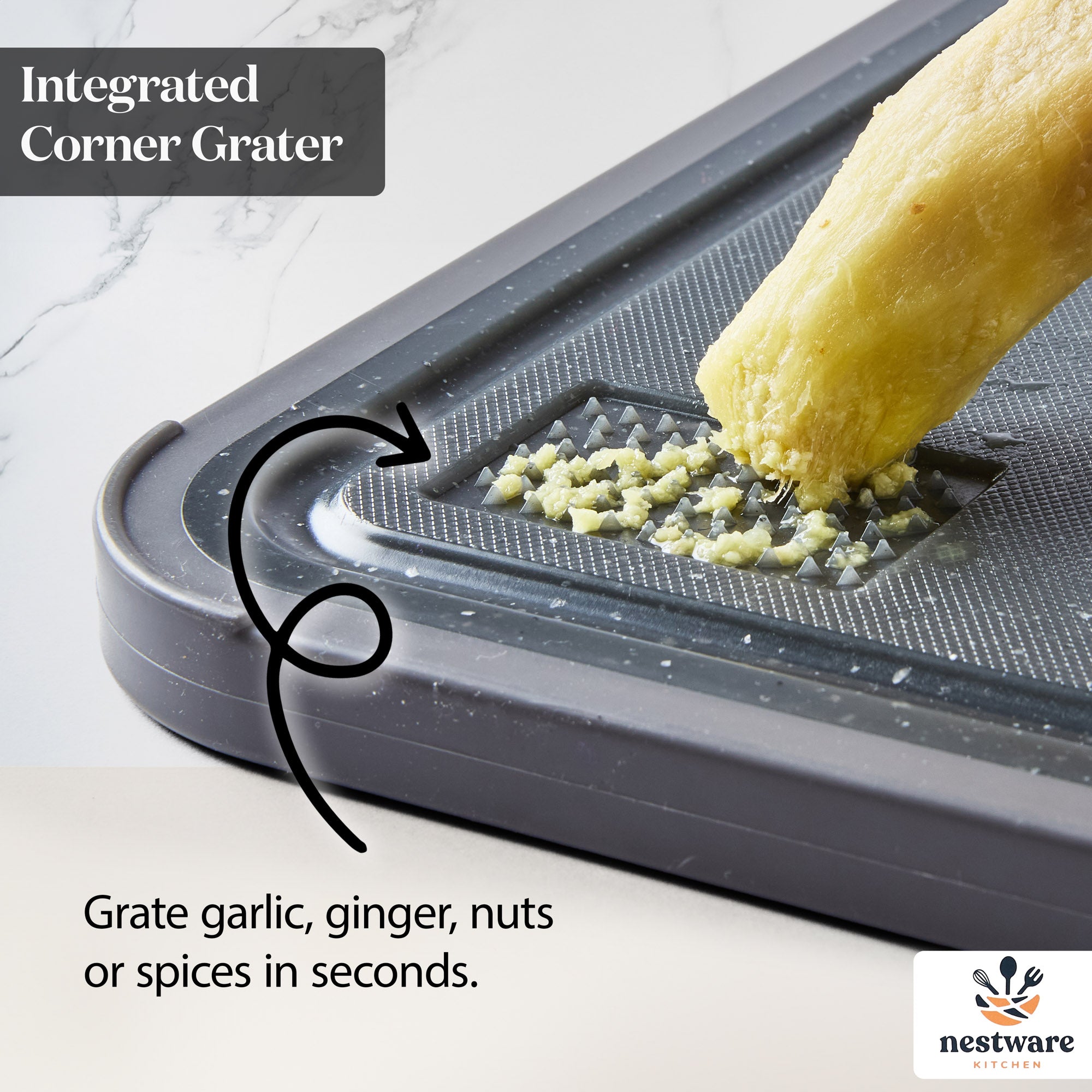 Integrated corner grater for garlic, ginger, nuts and spices