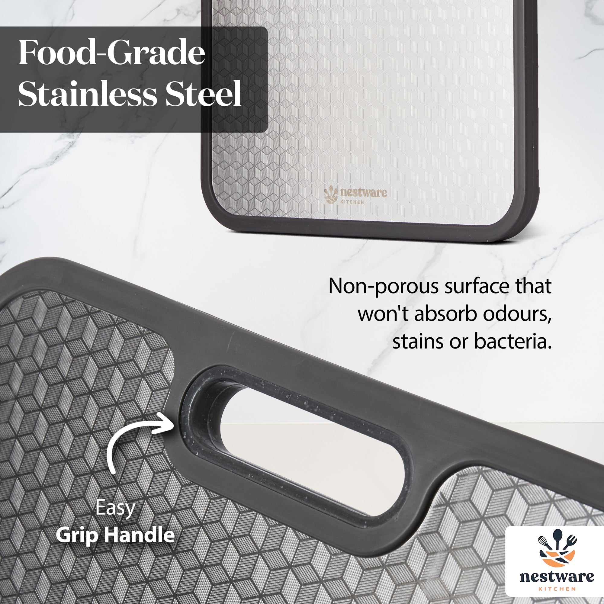 Food-grade stainless steel non-porous surface with grip handle
