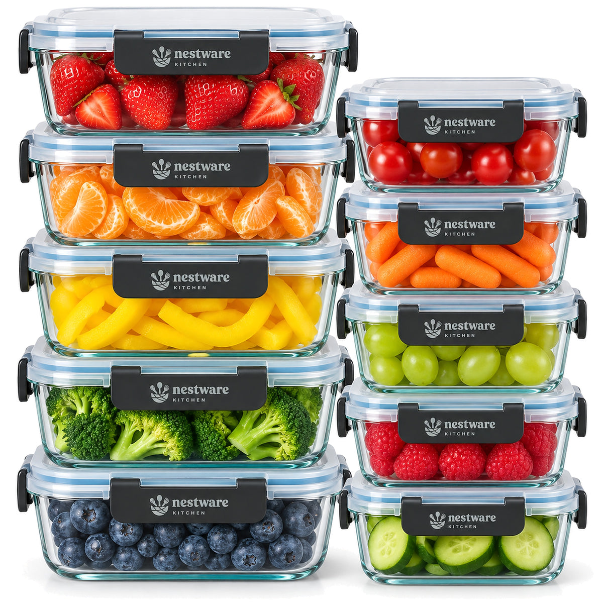10 pack of glass meal prep containers in two sizes filled with food