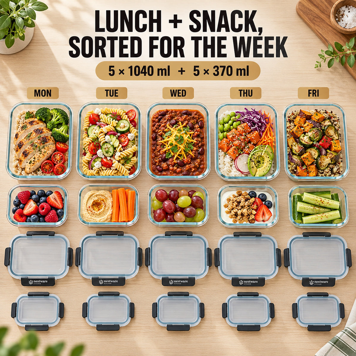 A week of meals prepped in Nestware glass containers