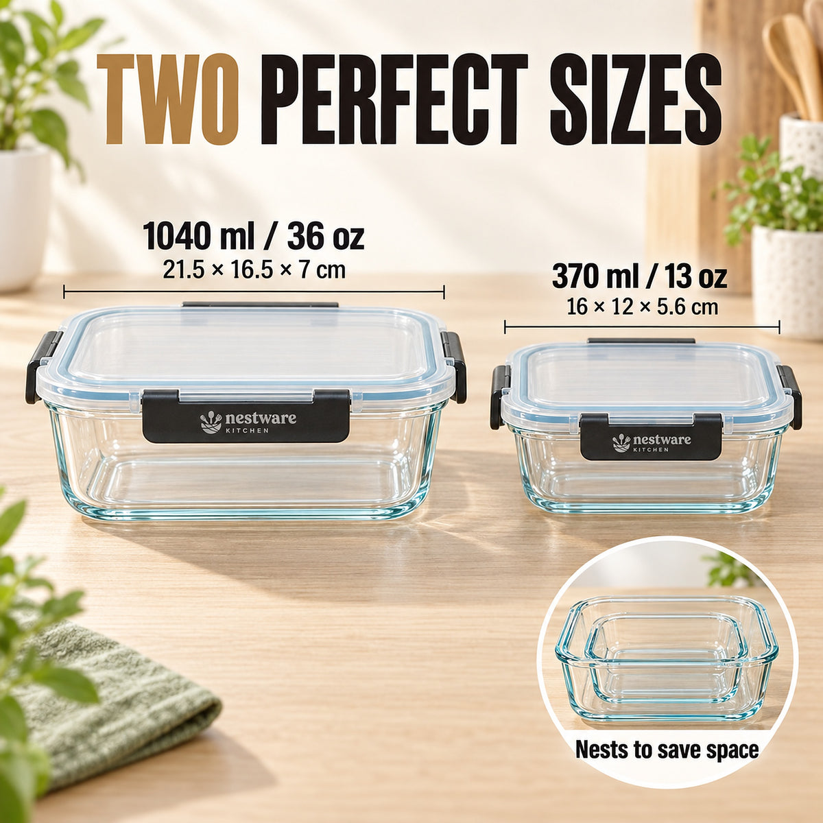 10 pack sizes: 5 x 1040ml and 5 x 370ml, small tubs nest inside large