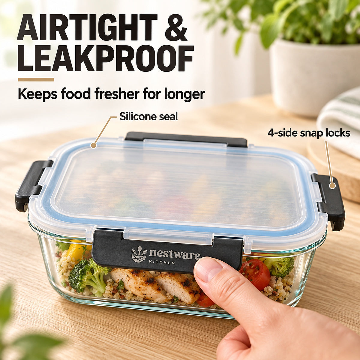 Four locking clips and silicone seal on the glass container lid