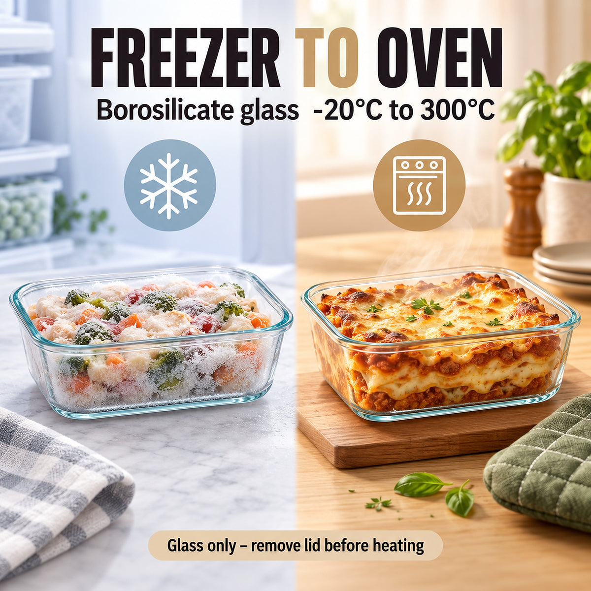 Borosilicate glass container, freezer to oven, glass only