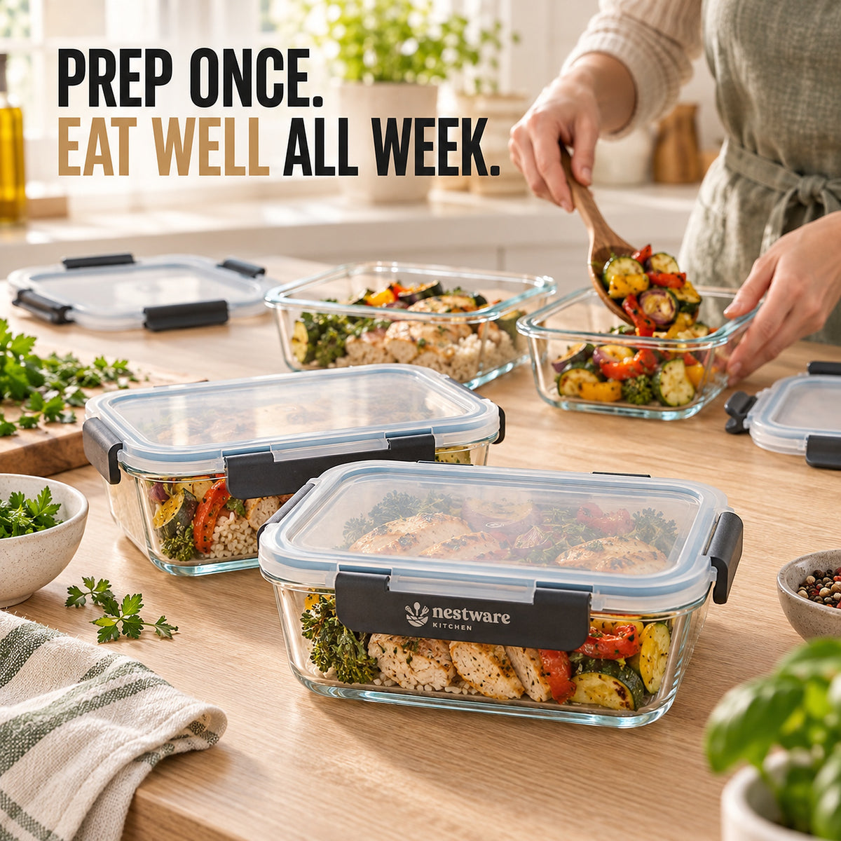 Glass meal prep containers in the kitchen