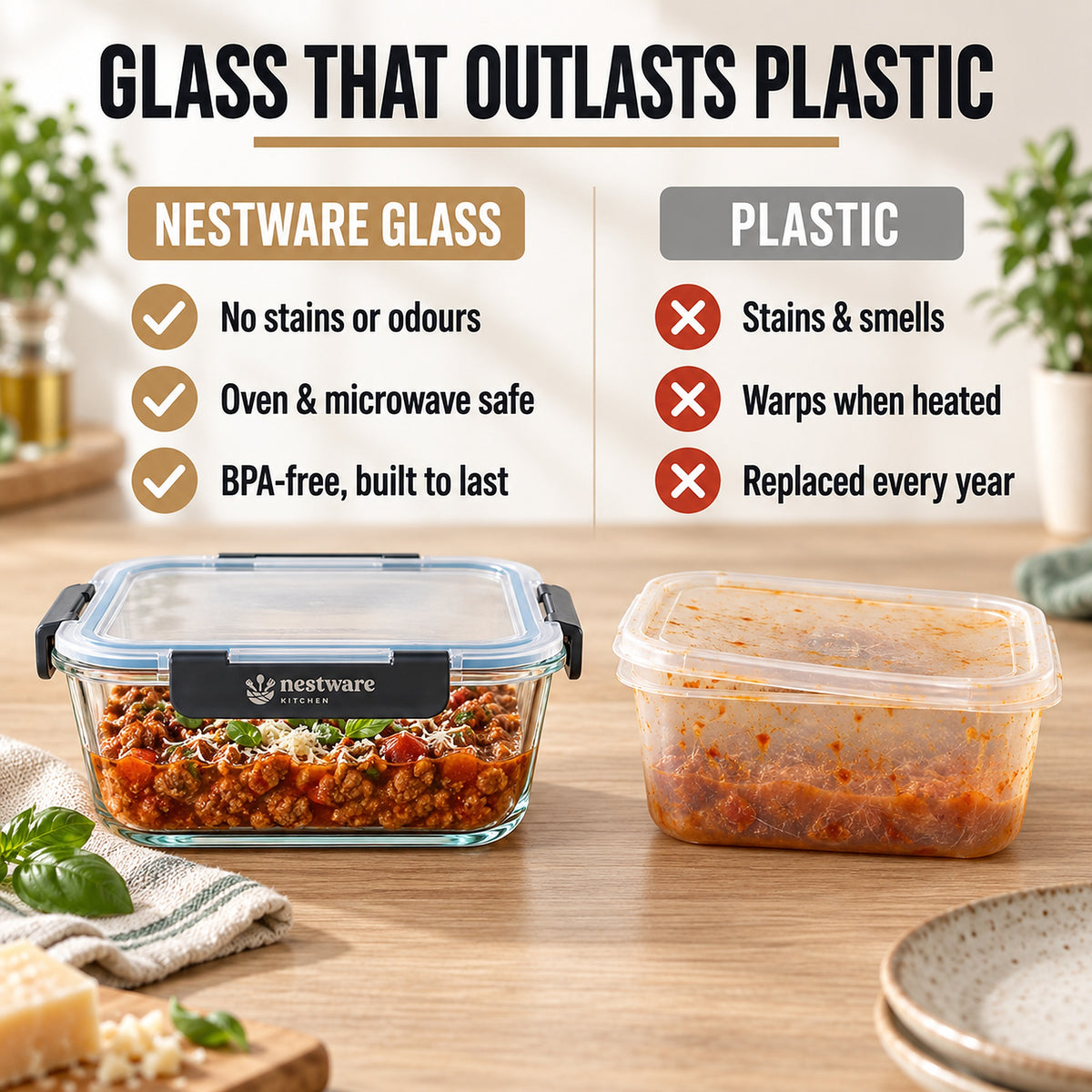 Glass, not plastic: won't stain or hold smells