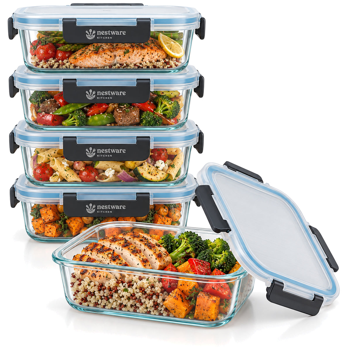 5 pack of glass meal prep containers with clip lids filled with food