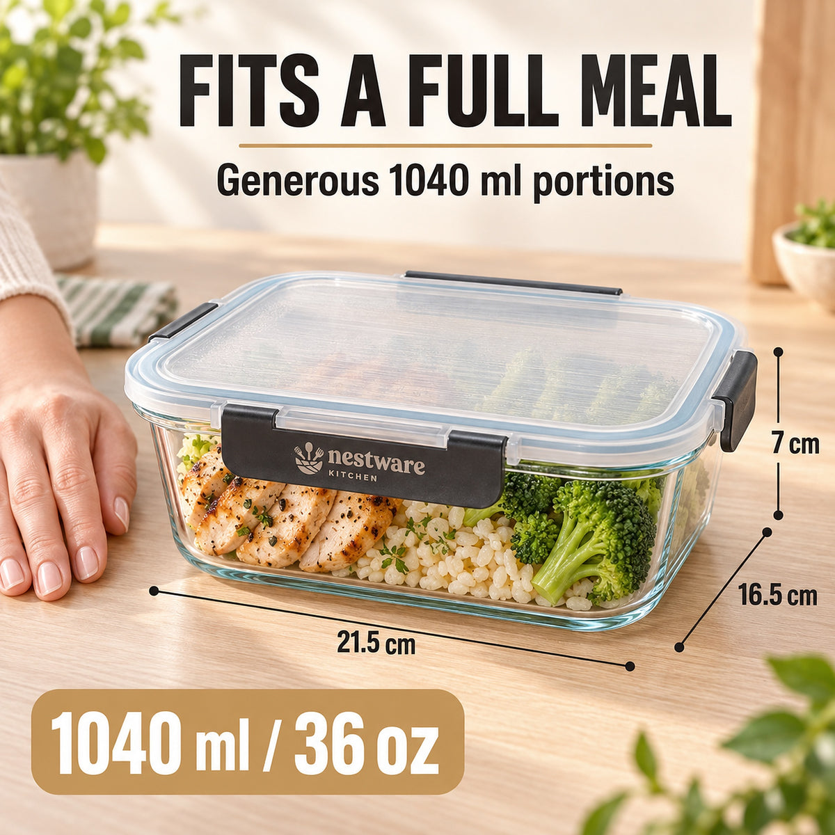 5 x 1040ml glass containers stack to save space